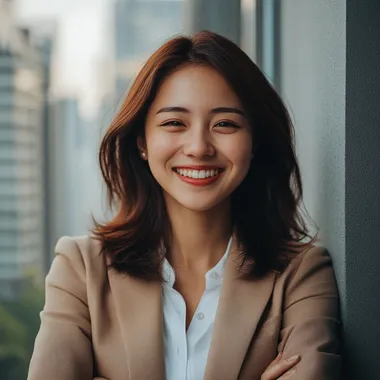 photo showing an Asian business woman smiling with satisfaction of solving his problem before mid-autumn festival
