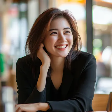 photo showing an Asian business woman smiling with satisfaction of solving his problem before mid-autumn festival