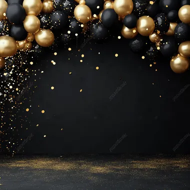 black backdrop is adorned with a stunning archway of gold and black balloons, metallic balloons, like the kind you see at fancy parties. The archway is overflowing with the beautiful balloons, and they're hanging down in a cascade. Tiny golden confetti and shimmering strings of gold are sprinkled beautifully throughout the scene, adding to the glamorous sparkle. The floor is covered in a scattering of golden glitter, making the whole thing look like a magical, luxurious party rofile hzlqj9o