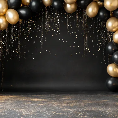 black backdrop is adorned with a stunning archway of gold and black balloons, metallic balloons, like the kind you see at fancy parties. The archway is overflowing with the beautiful balloons, and they're hanging down in a cascade. Tiny golden confetti and shimmering strings of gold are sprinkled beautifully throughout the scene, adding to the glamorous sparkle. The floor is covered in a scattering of golden glitter, making the whole thing look like a magical, luxurious party rofile hzlqj9o