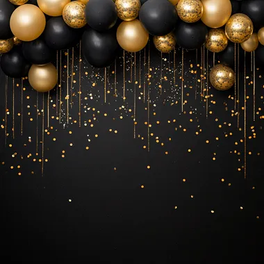 black backdrop is adorned with a stunning archway of gold and black balloons, metallic balloons, like the kind you see at fancy parties. The archway is overflowing with the beautiful balloons, and they're hanging down in a cascade. Tiny golden confetti and shimmering strings of gold are sprinkled beautifully throughout the scene, adding to the glamorous sparkle. The floor is covered in a scattering of golden glitter, making the whole thing look like a magical, luxurious party rofile hzlqj9o