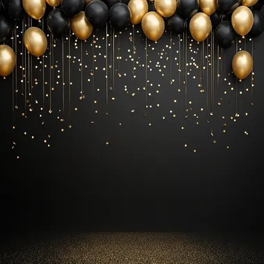 black backdrop is adorned with a stunning archway of gold and black balloons, metallic balloons, like the kind you see at fancy parties. The archway is overflowing with the beautiful balloons, and they're hanging down in a cascade. Tiny golden confetti and shimmering strings of gold are sprinkled beautifully throughout the scene, adding to the glamorous sparkle. The floor is covered in a scattering of golden glitter, making the whole thing look like a magical, luxurious party rofile hzlqj9o