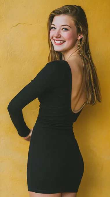 photography, contrast portrait, profile shot, full body, full body photography, half-length shot, 24-year-old American female model, thighs, smiling, turning around, looking back, akimbo, high nose bridge, deep eye sockets, earrings, black short-sleeved dress, fair skin, long light brown hair, bright tones, soft yellow background, modern fashion photography, rich details, rich colors, high quality, using camera settings that simulate a large aperture, low ISO to preserve rich and detailed colors, lifelike, UHD   --raw