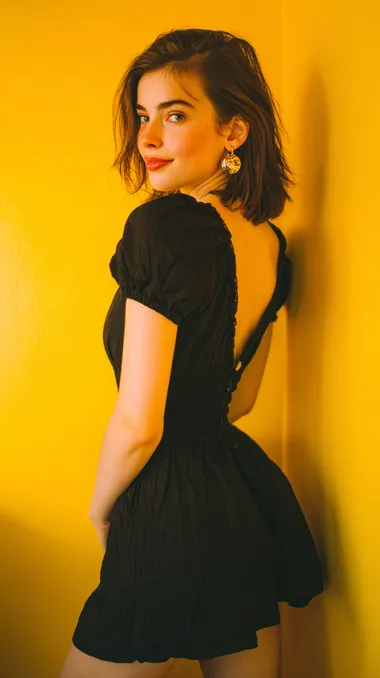 photography, contrast portrait, profile shot, full body, full body photography, half-length shot, 24-year-old American female model, thighs, smiling, turning around, looking back, akimbo, high nose bridge, deep eye sockets, earrings, black short-sleeved dress, fair skin, long light brown hair, bright tones, soft yellow background, modern fashion photography, rich details, rich colors, high quality, using camera settings that simulate a large aperture, low ISO to preserve rich and detailed colors, lifelike, UHD   --raw