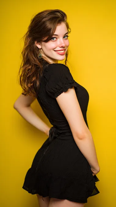 photography, contrast portrait, profile shot, full body, full body photography, half-length shot, 24-year-old American female model, thighs, smiling, turning around, looking back, akimbo, high nose bridge, deep eye sockets, earrings, black short-sleeved dress, fair skin, long light brown hair, bright tones, soft yellow background, modern fashion photography, rich details, rich colors, high quality, using camera settings that simulate a large aperture, low ISO to preserve rich and detailed colors, lifelike, UHD   --raw