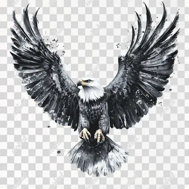 Airbrush illustration poster style: eagle spreads its wings wanting to claw the viewer, cartoon vector, isolated white background, iconic airbrush, symmetrical