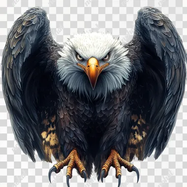 Airbrush illustration poster style: eagle spreads its wings wanting to claw the viewer, cartoon vector, isolated white background, iconic airbrush, symmetrical