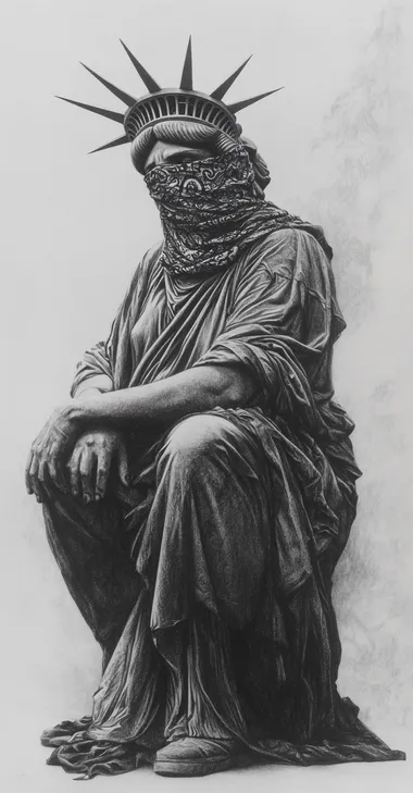 a graphite pencil drawing of the statue of liberty in chains, sad, frustrated, anargistic, eyes covered with a bandana, in the style of chris bellini and banksy  --s 160