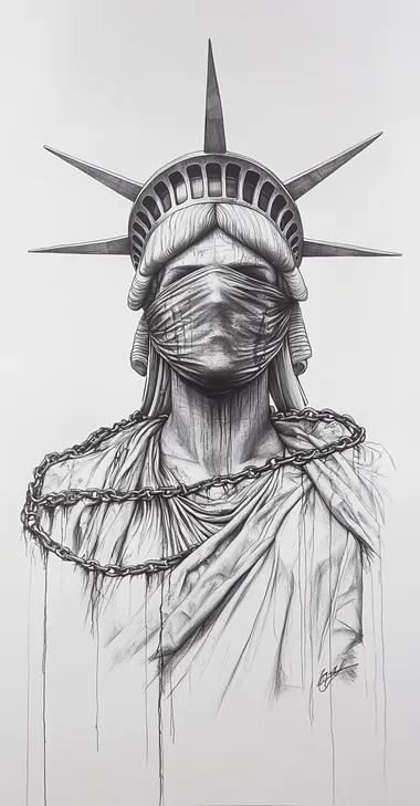 a graphite pencil drawing of the statue of liberty in chains, sad, frustrated, anargistic, eyes covered with a bandana, in the style of chris bellini and banksy  --s 160