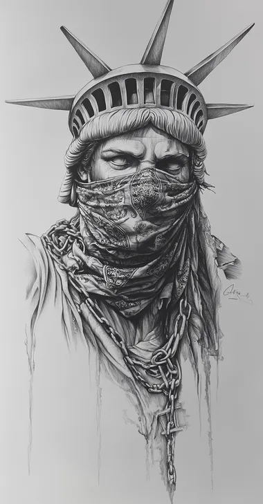 a graphite pencil drawing of the statue of liberty in chains, sad, frustrated, anargistic, eyes covered with a bandana, in the style of chris bellini and banksy  --s 160
