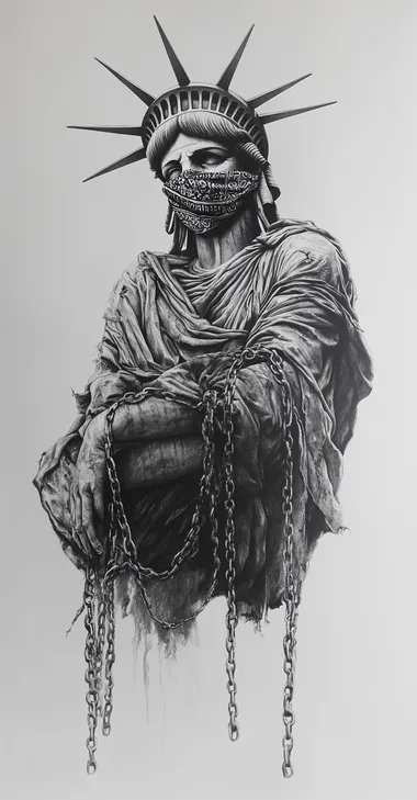 a graphite pencil drawing of the statue of liberty in chains, sad, frustrated, anargistic, eyes covered with a bandana, in the style of chris bellini and banksy  --s 160