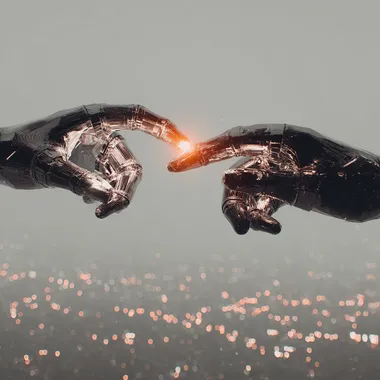 Two robot hands touching, chrome hands    rofile vk78zt9
