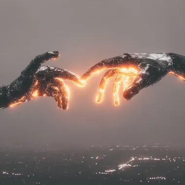 Two robot hands touching, chrome hands    rofile vk78zt9
