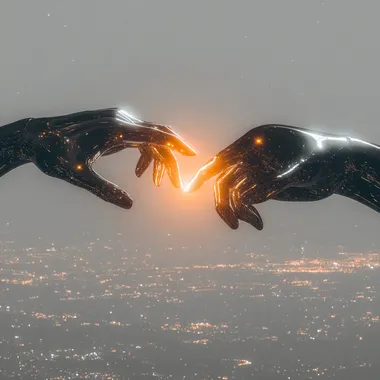 Two robot hands touching, chrome hands    rofile vk78zt9