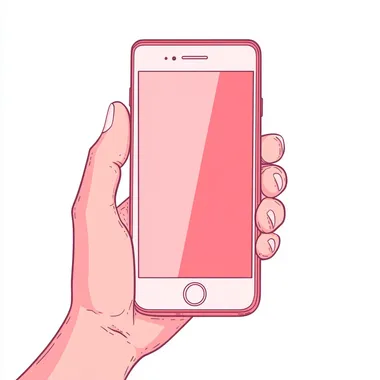 Vector illustration of a hand holding a smartphone with a blank screen, set against a white background. The artwork features simple line art, a flat design, and minimalist style, with white and pink tones in a cartoon-like aesthetic. The digital painting has a detailed, graphic design quality. The left side of the image is free for text or a logo, and the illustration is isolated on the edges with no shadows or mockups.