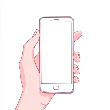 Vector illustration of a hand holding a smartphone with a blank screen, set against a white background. The artwork features simple line art, a flat design, and minimalist style, with white and pink tones in a cartoon-like aesthetic. The digital painting has a detailed, graphic design quality. The left side of the image is free for text or a logo, and the illustration is isolated on the edges with no shadows or mockups.