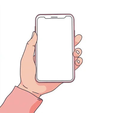 Vector illustration of a hand holding a smartphone with a blank screen, set against a white background. The artwork features simple line art, a flat design, and minimalist style, with white and pink tones in a cartoon-like aesthetic. The digital painting has a detailed, graphic design quality. The left side of the image is free for text or a logo, and the illustration is isolated on the edges with no shadows or mockups.