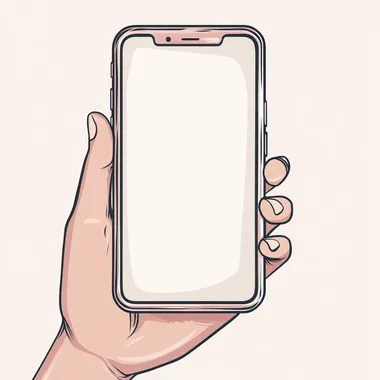 Vector illustration of a hand holding a smartphone with a blank screen, set against a white background. The artwork features simple line art, a flat design, and minimalist style, with white and pink tones in a cartoon-like aesthetic. The digital painting has a detailed, graphic design quality. The left side of the image is free for text or a logo, and the illustration is isolated on the edges with no shadows or mockups.
