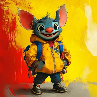 Create a good character similar to Stitch in the style of Gravity Falls for the Aurora multi-store, using yellow and red as the primary colors