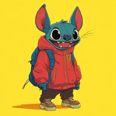 Create a good character similar to Stitch in the style of Gravity Falls for the Aurora multi-store, using yellow and red as the primary colors