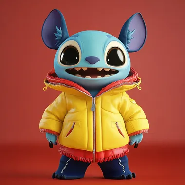 Create a good character similar to Stitch in the style of Gravity Falls for the Aurora multi-store, using yellow and red as the primary colors