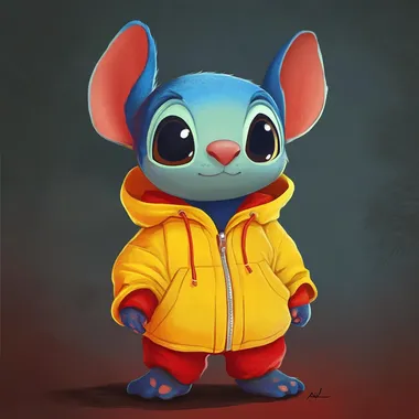 Create a good character similar to Stitch in the style of Gravity Falls for the Aurora multi-store, using yellow and red as the primary colors