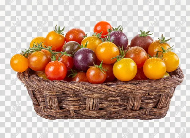 PNG Vibrant Rainbow Cherry Tomatoes in a Rustic Basket