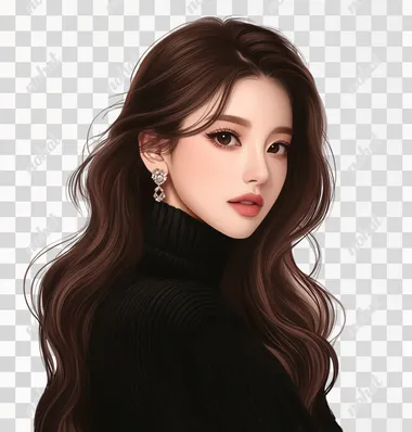 An avatar of a beautiful woman with long brown hair, wearing a black turtleneck sweater and earrings, exuding elegance in the style reminiscent of K-pop. The background should feature a white color scheme, with subtle pink highlights for a touch of glamour. Include her signature name 'T Tai' in the top right corner to emphasize personal branding. This digital art piece will capture attention on social media as it blends beauty with modern Korean aesthetics.