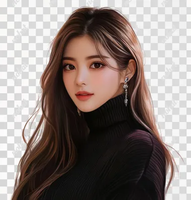 An avatar of a beautiful woman with long brown hair, wearing a black turtleneck sweater and earrings, exuding elegance in the style reminiscent of K-pop. The background should feature a white color scheme, with subtle pink highlights for a touch of glamour. Include her signature name 'T Tai' in the top right corner to emphasize personal branding. This digital art piece will capture attention on social media as it blends beauty with modern Korean aesthetics.