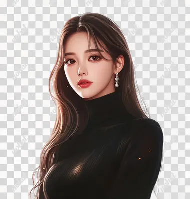 An avatar of a beautiful woman with long brown hair, wearing a black turtleneck sweater and earrings, exuding elegance in the style reminiscent of K-pop. The background should feature a white color scheme, with subtle pink highlights for a touch of glamour. Include her signature name 'T Tai' in the top right corner to emphasize personal branding. This digital art piece will capture attention on social media as it blends beauty with modern Korean aesthetics.