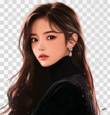An avatar of a beautiful woman with long brown hair, wearing a black turtleneck sweater and earrings, exuding elegance in the style reminiscent of K-pop. The background should feature a white color scheme, with subtle pink highlights for a touch of glamour. Include her signature name 'T Tai' in the top right corner to emphasize personal branding. This digital art piece will capture attention on social media as it blends beauty with modern Korean aesthetics.