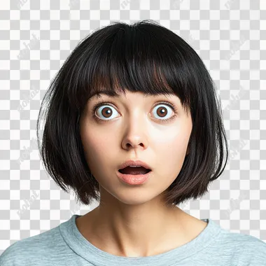 a beautiful brunette woman of thirty-seven, with a few bags under her eyes and Japanese-style bob hair. she is surprised and looks up. he has a round nose, large, round eyes, a round chin. Real photo, png photo