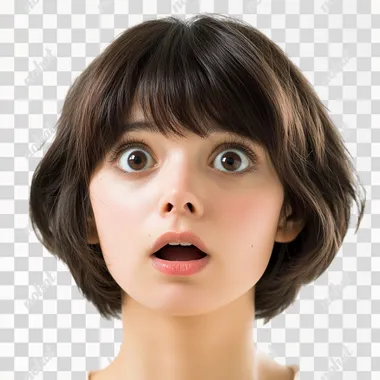a beautiful brunette woman of thirty-seven, with a few bags under her eyes and Japanese-style bob hair. she is surprised and looks up. he has a round nose, large, round eyes, a round chin. Real photo, png photo