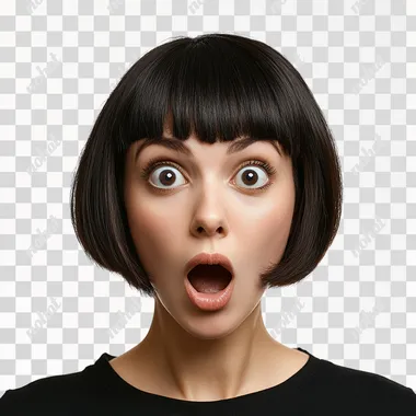 a beautiful brunette woman of thirty-seven, with a few bags under her eyes and Japanese-style bob hair. she is surprised and looks up. he has a round nose, large, round eyes, a round chin. Real photo, png photo