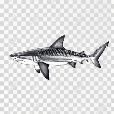 A black and white vector style image of a real tiger shark in the style of cricket svg cut file, white background, bold and thick, filled in black outline, simple image, mid shot