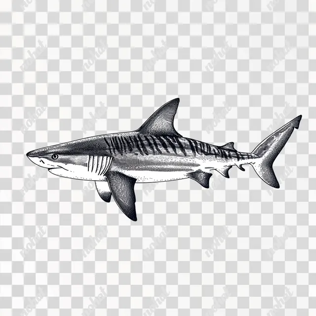 PNG Tiger shark black and white drawing, bold outline, ocean predator art