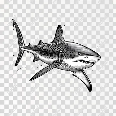 A black and white vector style image of a real tiger shark in the style of cricket svg cut file, white background, bold and thick, filled in black outline, simple image, mid shot