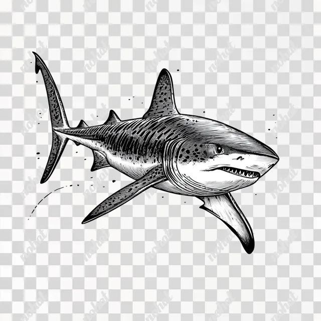 PNG Tiger Shark Illustration in Bold Black and White for Coastal Decor