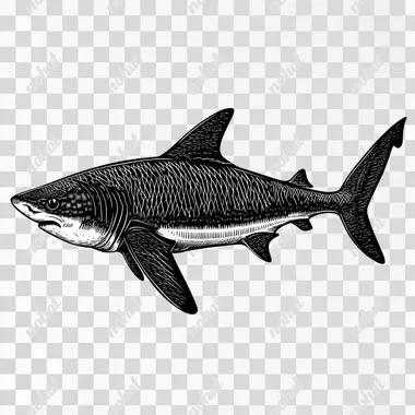 A black and white vector style image of a real tiger shark in the style of cricket svg cut file, white background, bold and thick, filled in black outline, simple image, mid shot