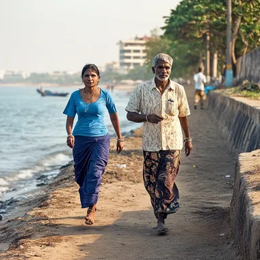Man and woman doing morning jog by the beach and listening to music. Color photography. Indian ethnic
