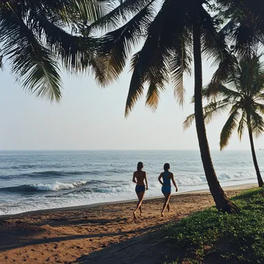 Man and woman doing morning jog by the beach and listening to music. Color photography. Indian ethnic