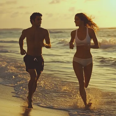 Man and woman doing morning jog by the beach and listening to music. Color photography. Indian ethnic