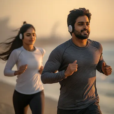 Man and woman doing morning jog by the beach and listening to music. Color photography. Indian ethnic
