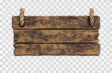 a big rustic wooden sign hanging with two ropes, isolated on a white background