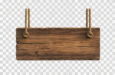 a big rustic wooden sign hanging with two ropes, isolated on a white background