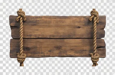 a big rustic wooden sign hanging with two ropes, isolated on a white background