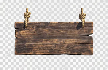 a big rustic wooden sign hanging with two ropes, isolated on a white background