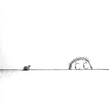 The boy is placed at the center of the image, just behind the table. Only his head and curious eyes peek over the tabletop--hes barely tall enough to see, but his eyeballs are turned sharply toward the snail, watching it with quiet focus. The table stretches wide and empty, making the snail feel far away. On the far left side, a tiny snail crawls slowly across the surface. The contrast in size and the large white space between them creates a sense of distance and slowness. A simple wall clock in the background suggests time is passing, while the boy remains still, his eyes following the snails every move with quiet patience.minimalist, draw in ink on paper, colorless, pure white background, comic style, childish doodle