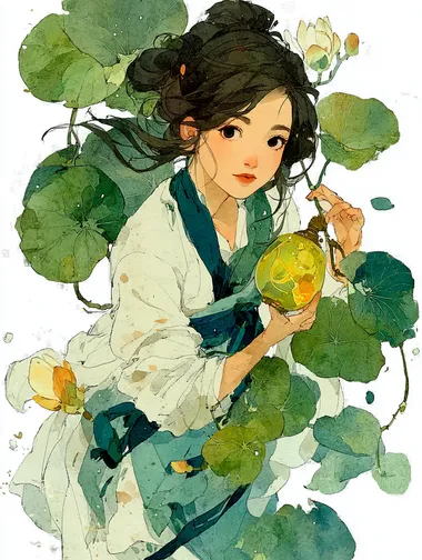 Chinese spring nymph, 11, traditional Chinese gongbi painting style, white hanfu with living vines, (translucent watercolor skin texture:1.4), sumi-e ink blending with soft mineral pigment palette, hair flowing with magnolia petals in (5% opacity ink wash:1.2), hands holding jade pendant glowing with dawn light, (avoid digital rendering:1.3), by Lin Tinggui   --s 750