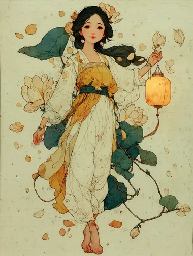 Chinese spring nymph, 11, traditional Chinese gongbi painting style, white hanfu with living vines, (translucent watercolor skin texture:1.4), sumi-e ink blending with soft mineral pigment palette, hair flowing with magnolia petals in (5% opacity ink wash:1.2), hands holding jade pendant glowing with dawn light, (avoid digital rendering:1.3), by Lin Tinggui   --s 750